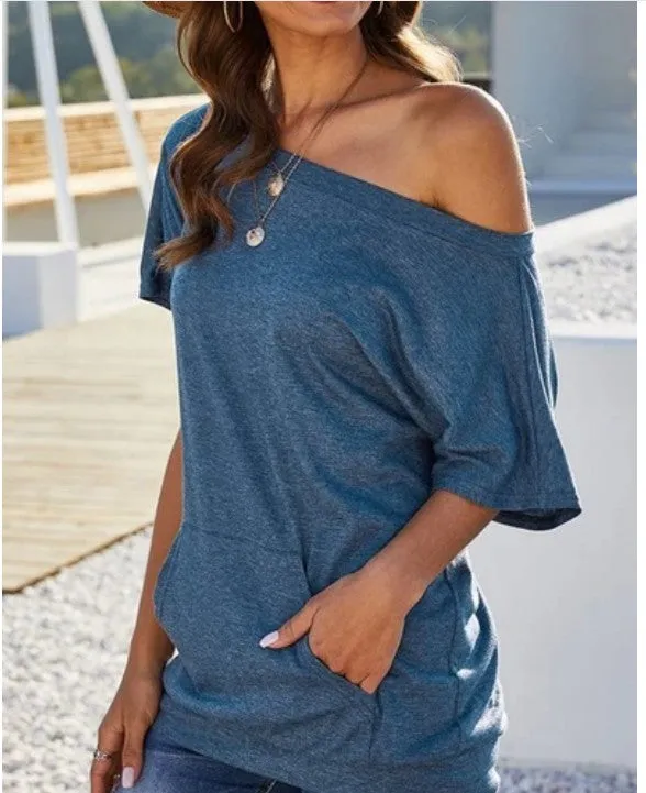 Off-shoulder pocket top solid color slot pocket oblique shoulder T-shirt