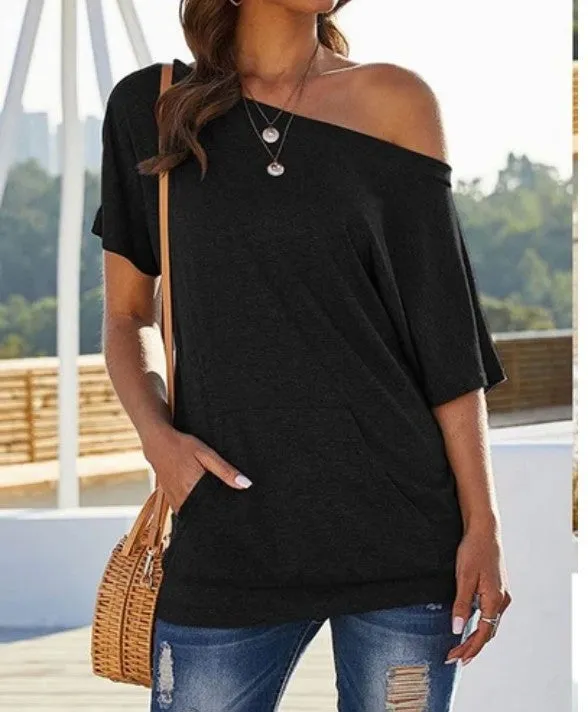 Off-shoulder pocket top solid color slot pocket oblique shoulder T-shirt