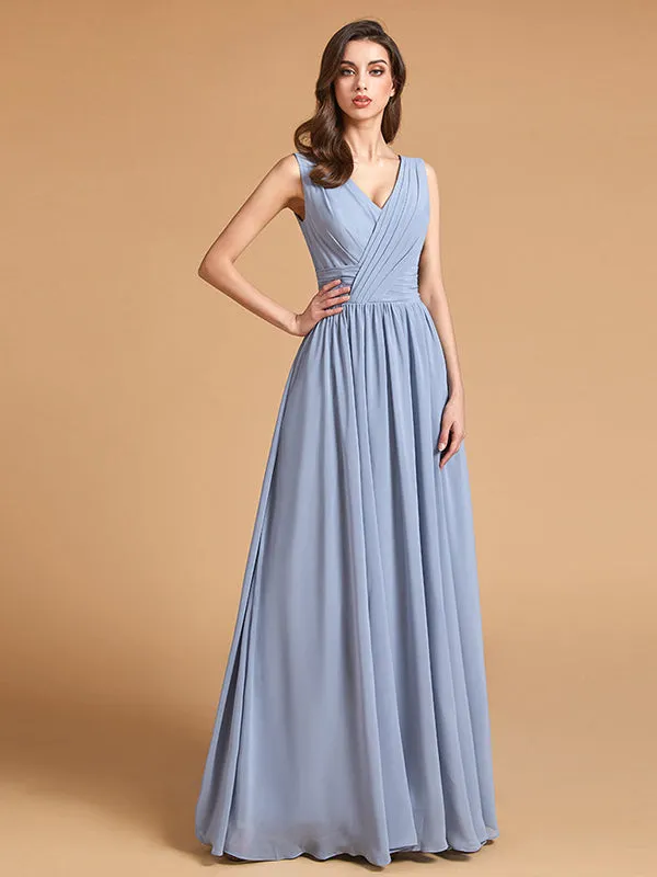 Simple Dusty Blue Pleated Chiffon Bridesmaid Dresses