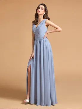 Simple Dusty Blue Pleated Chiffon Bridesmaid Dresses