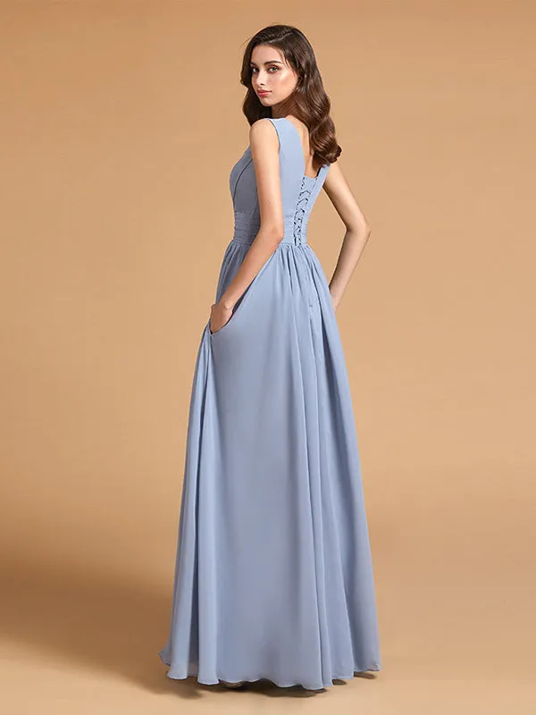 Simple Dusty Blue Pleated Chiffon Bridesmaid Dresses