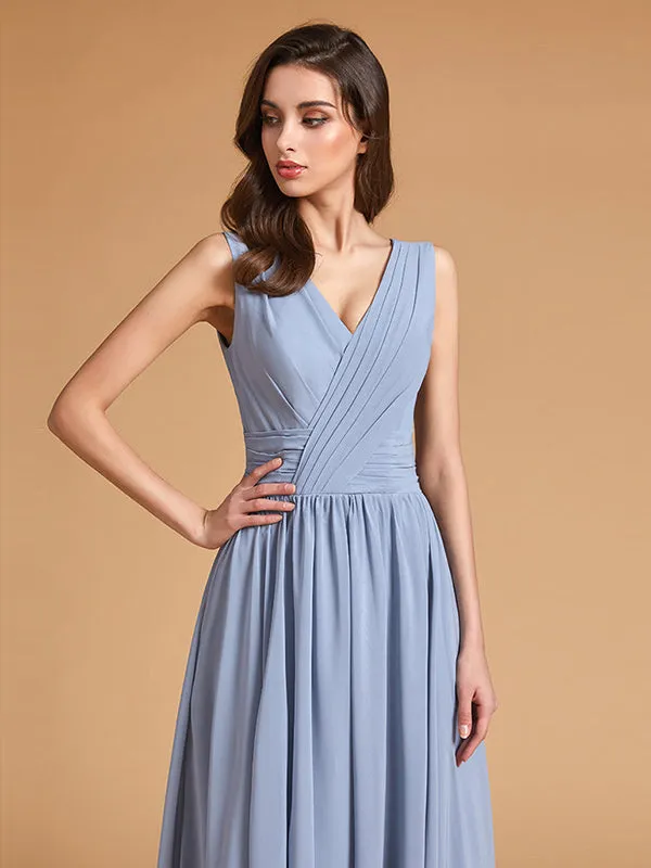 Simple Dusty Blue Pleated Chiffon Bridesmaid Dresses