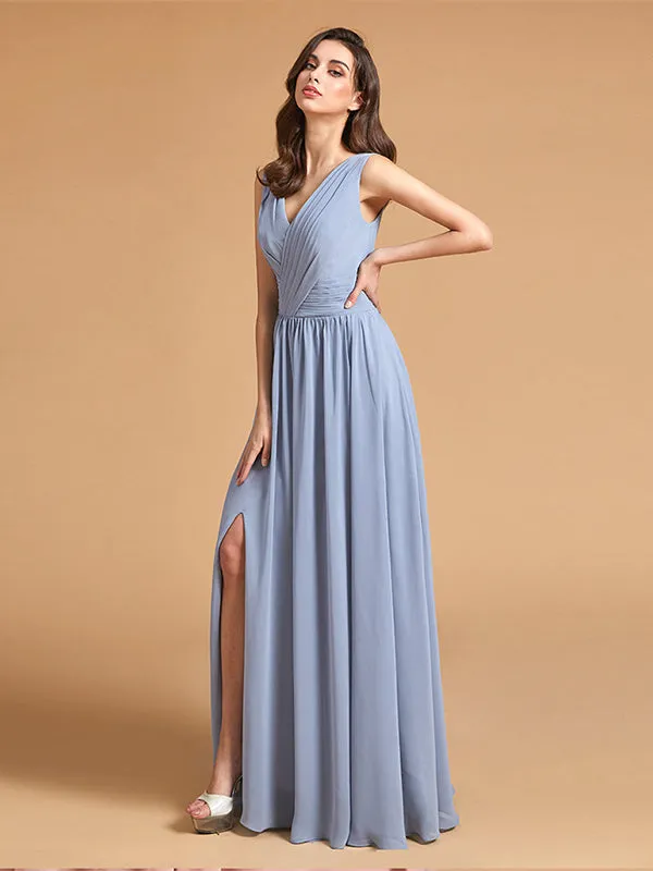 Simple Dusty Blue Pleated Chiffon Bridesmaid Dresses