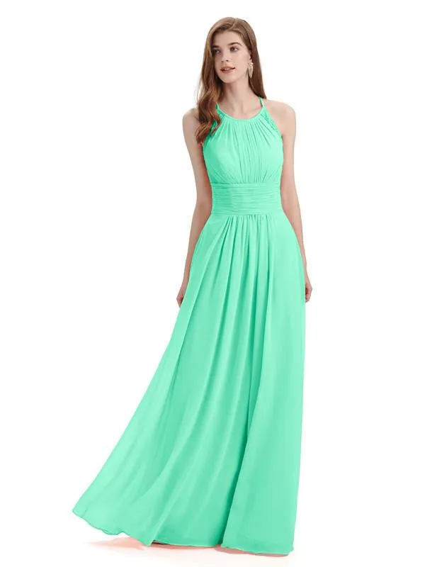 Simple Halter Chiffon Floor-Length Long Bridesmaid Dresses