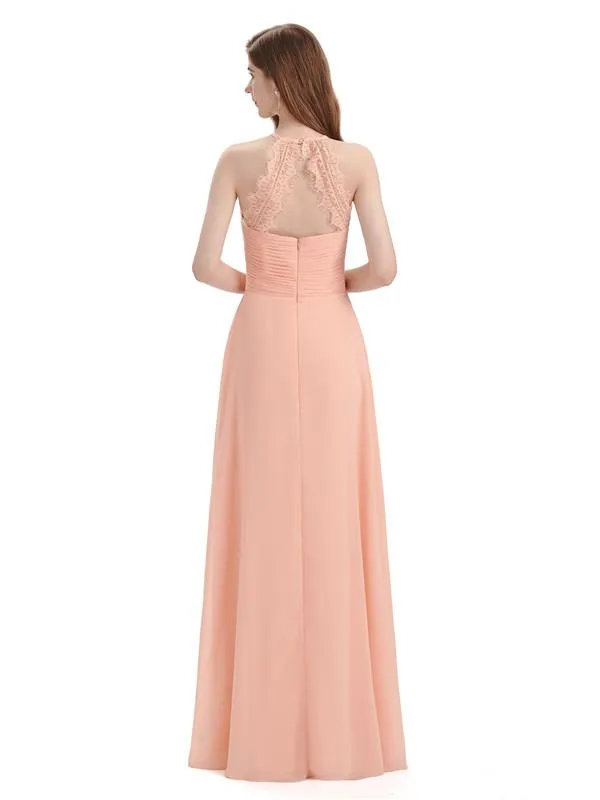 Simple Halter Chiffon Floor-Length Long Bridesmaid Dresses