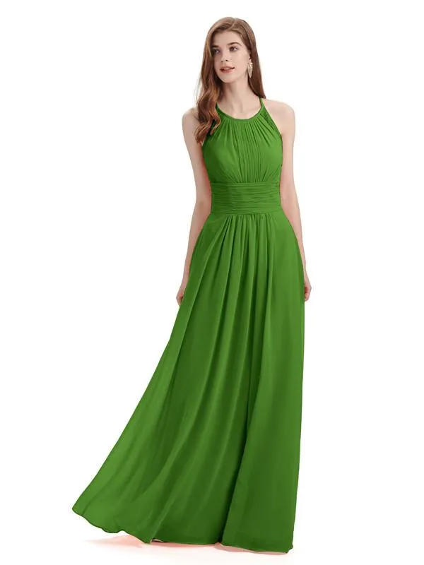 Simple Halter Chiffon Floor-Length Long Bridesmaid Dresses