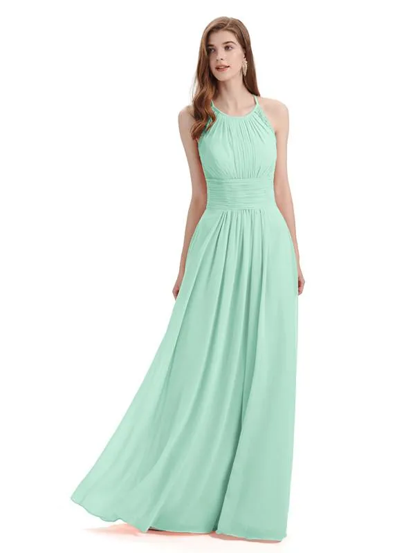 Simple Halter Chiffon Floor-Length Long Bridesmaid Dresses