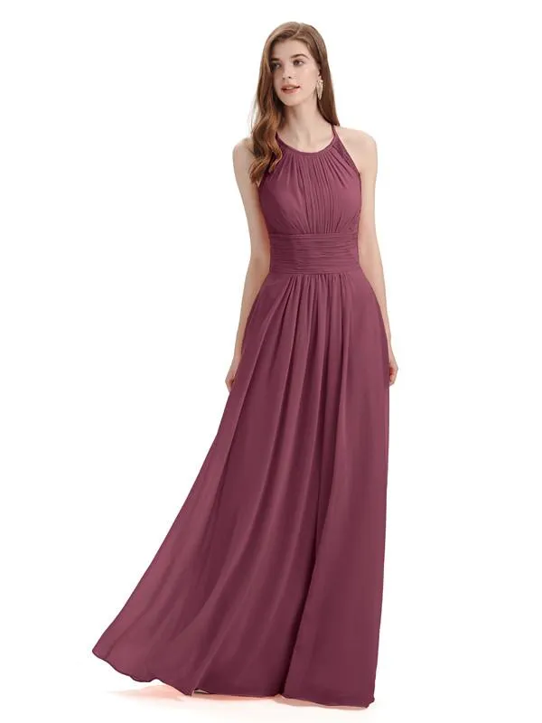 Simple Halter Chiffon Floor-Length Long Bridesmaid Dresses