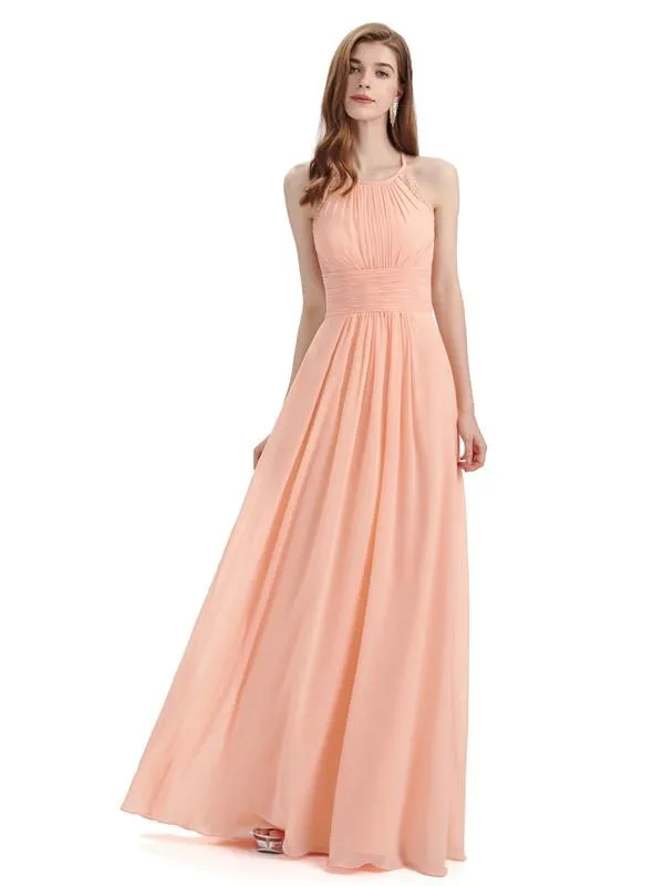 Simple Halter Chiffon Floor-Length Long Bridesmaid Dresses