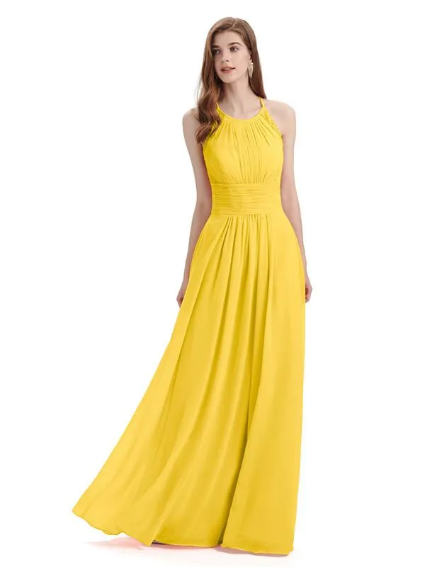 Simple Halter Chiffon Floor-Length Long Bridesmaid Dresses