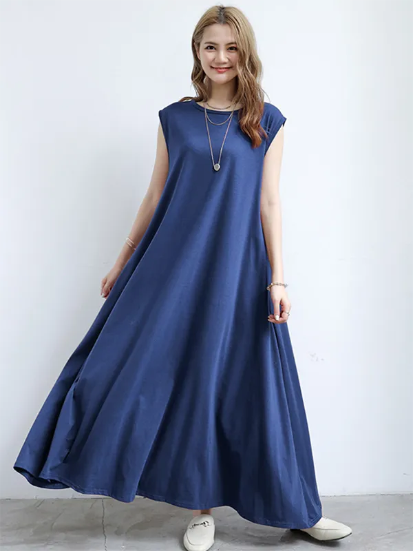 Simple Loose Sleeveless Solid Color Round-Neck Maxi Dresses