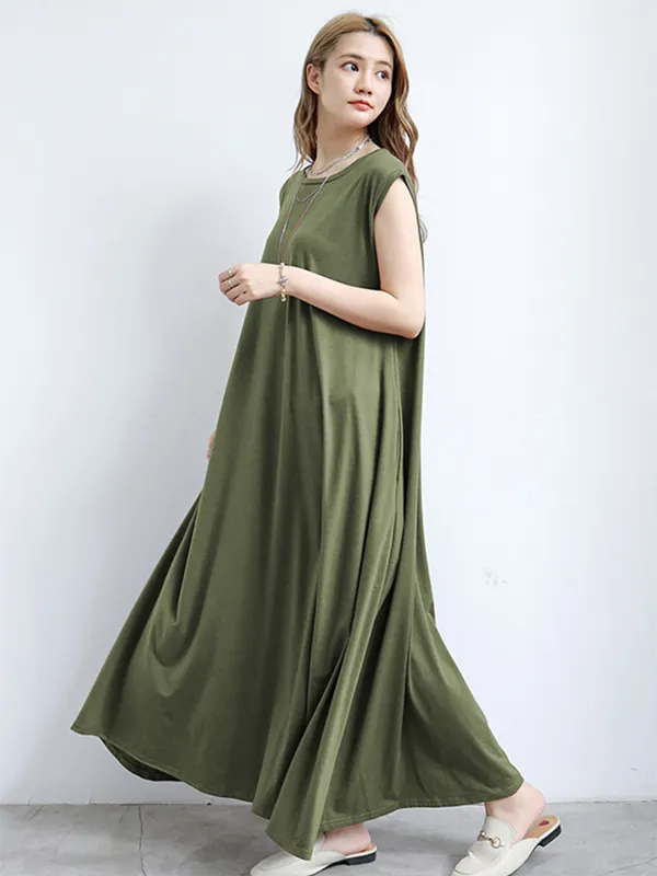 Simple Loose Sleeveless Solid Color Round-Neck Maxi Dresses