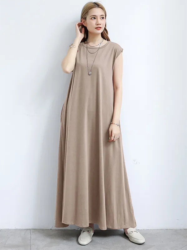 Simple Loose Sleeveless Solid Color Round-Neck Maxi Dresses