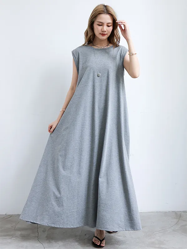 Simple Loose Sleeveless Solid Color Round-Neck Maxi Dresses