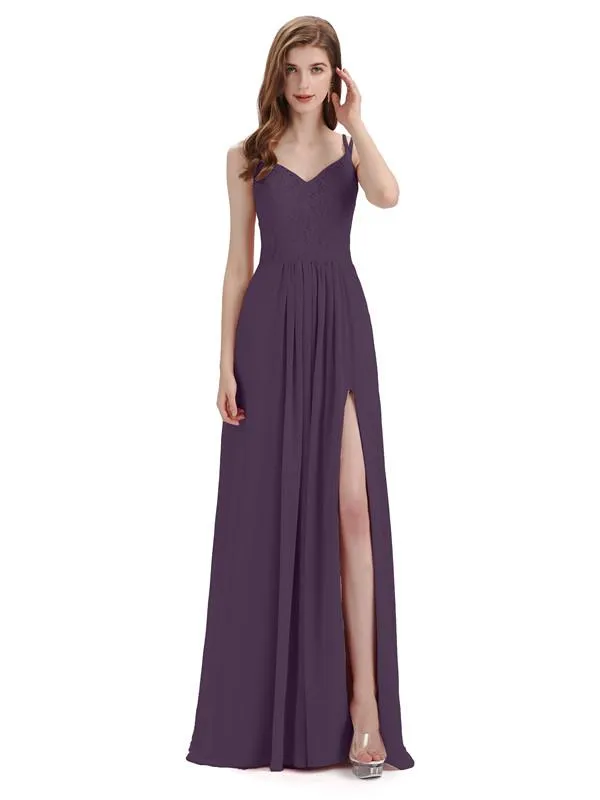 Simple V-neck Chiffon Floor-Length Side Slit Long Bridesmaid Dresses