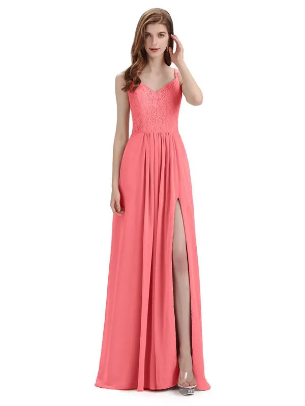 Simple V-neck Chiffon Floor-Length Side Slit Long Bridesmaid Dresses