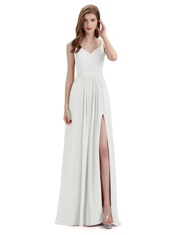 Simple V-neck Chiffon Floor-Length Side Slit Long Bridesmaid Dresses