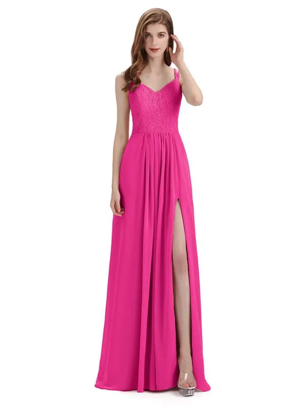 Simple V-neck Chiffon Floor-Length Side Slit Long Bridesmaid Dresses