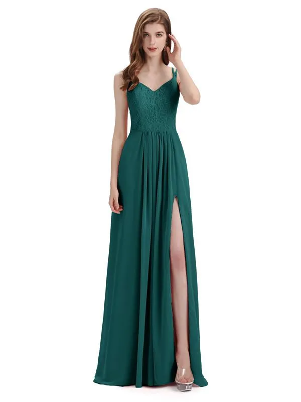 Simple V-neck Chiffon Floor-Length Side Slit Long Bridesmaid Dresses