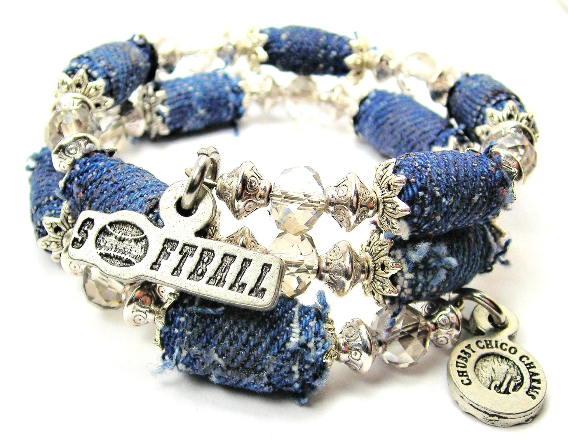 Softball Tab With Softball Blue Jean Beaded Wrap Bracelet