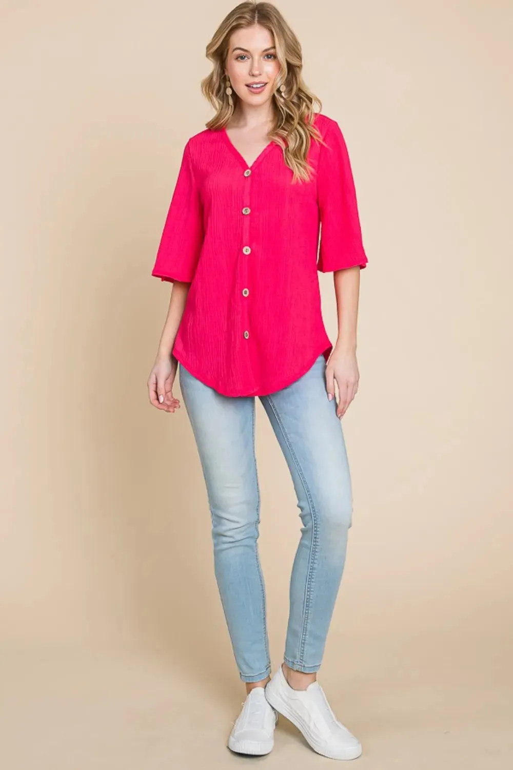 Texture Decorative Button V-Neck Top