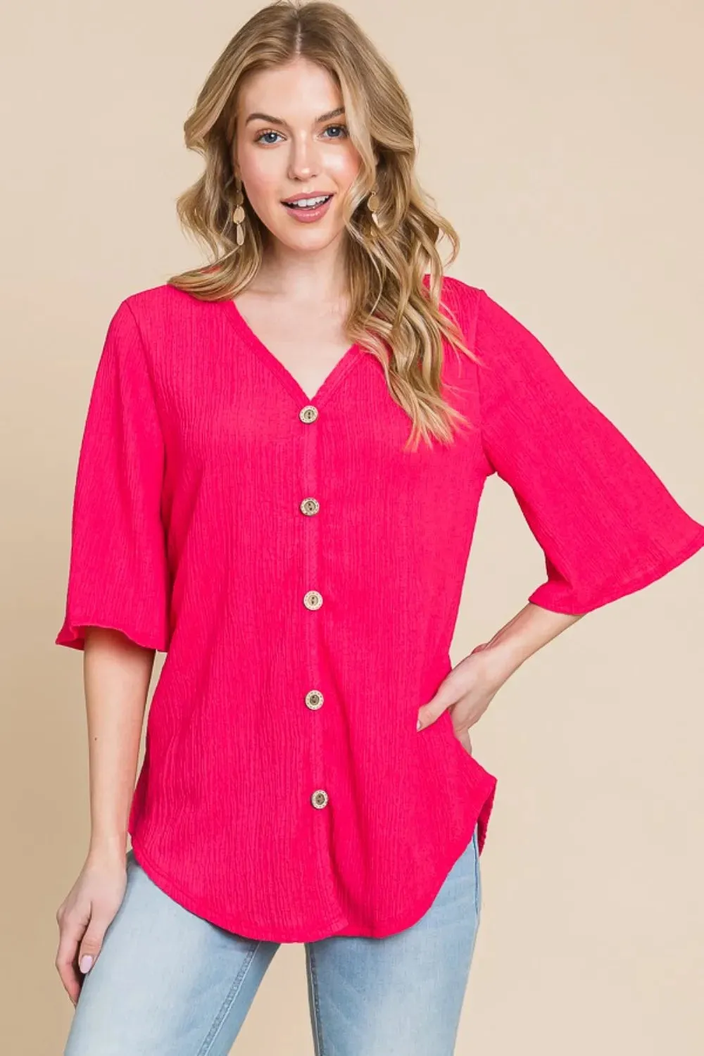 Texture Decorative Button V-Neck Top