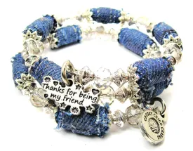 Thanks For Being My Friend Blue Jean Beaded Wrap Bracelet