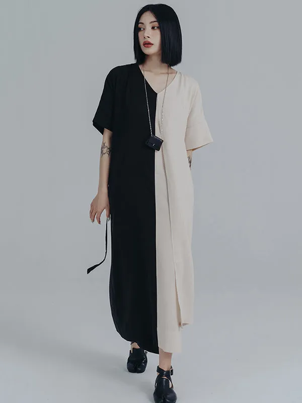 Urban Loose Contrast Color Split-Joint Reversible Midi Dress